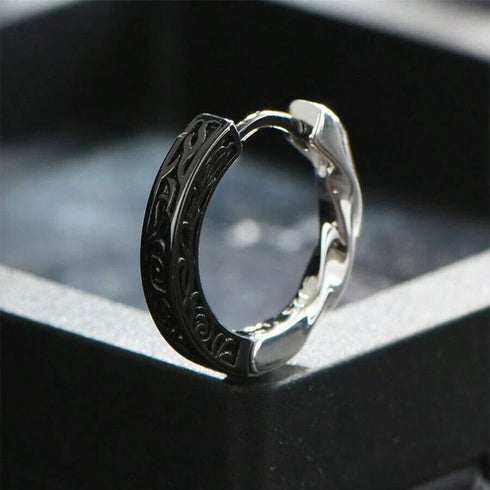 Retro Tang Grass Grain Sense Textured Black Silver Niche Men Women Hoop Earrings